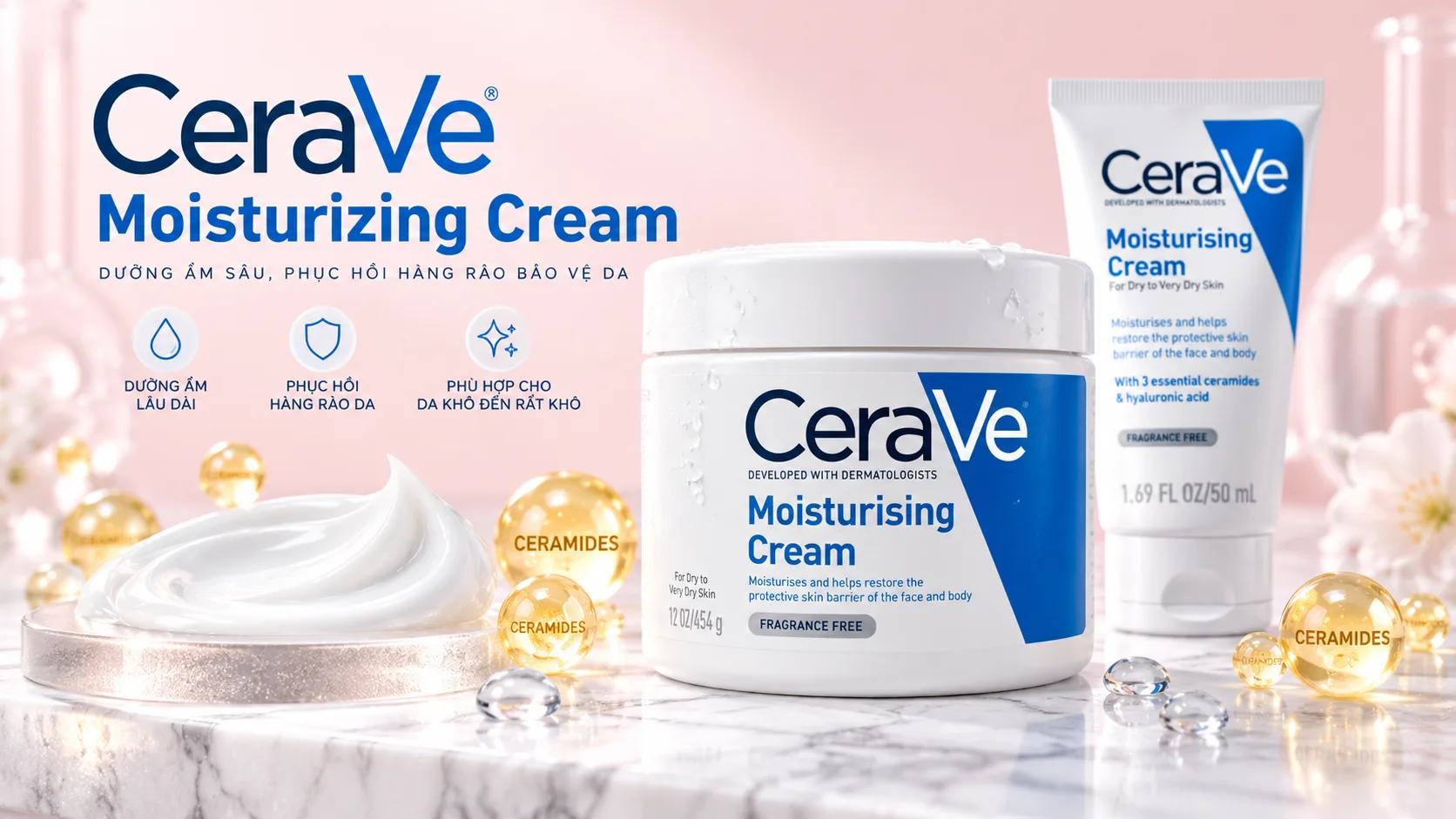Ảnh CeraVe Moisturizing Cream – lọ trắng, nhãn xanh, nền pastel